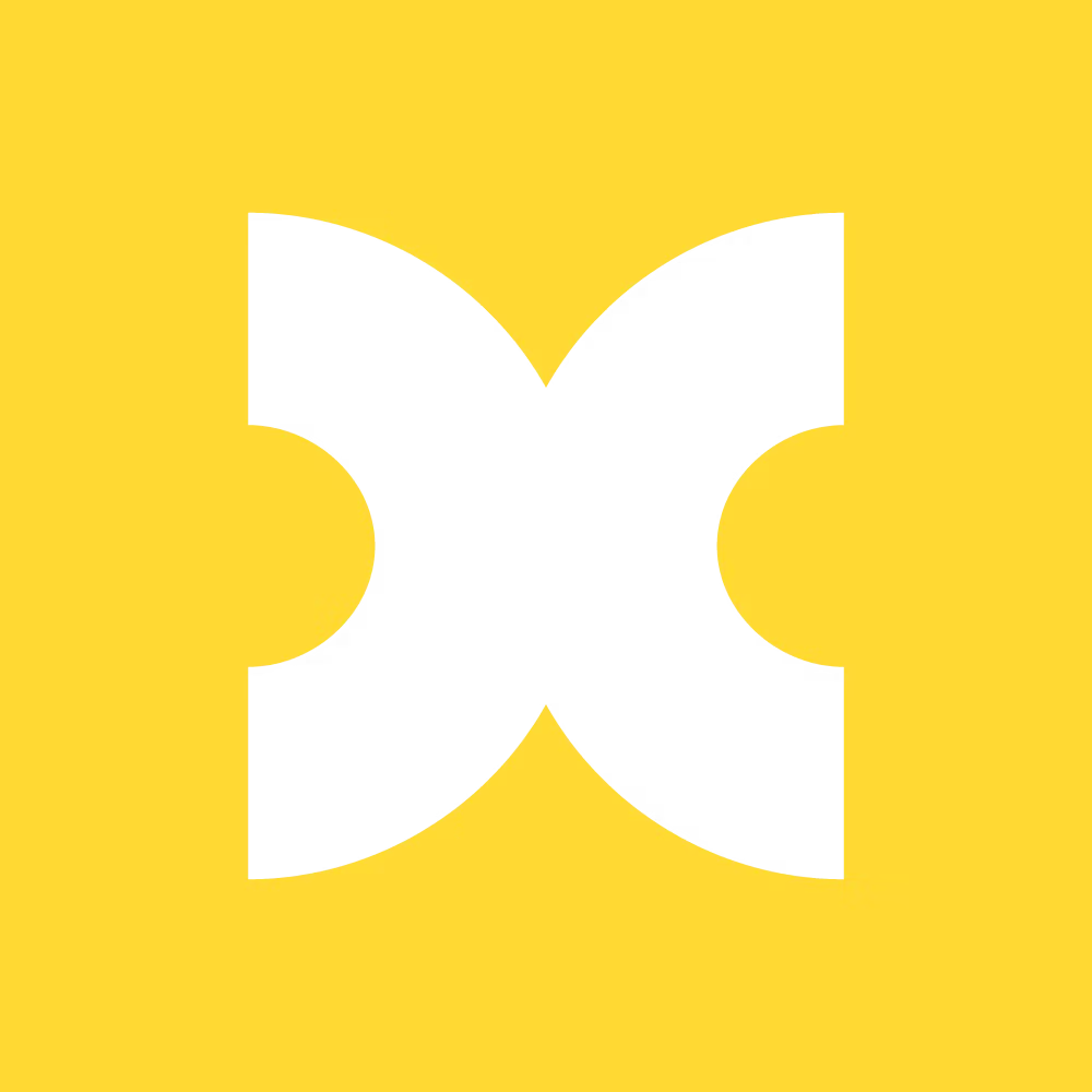 A black and X logo of XOV on a yellow background.